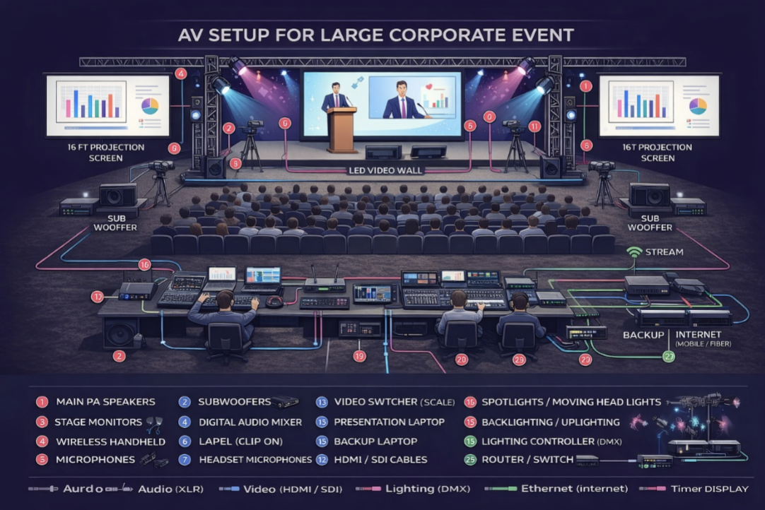 Full AV equipment setup diagram for a large corporate event